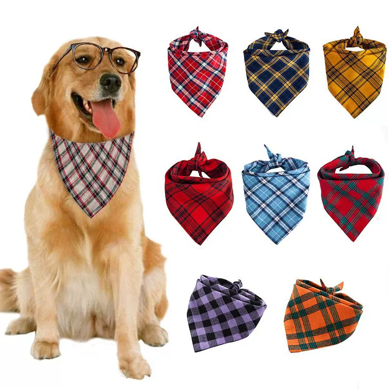 亚马逊跨境宠物口水巾狗狗三角巾双层纯棉格子领巾猫狗头巾可定制