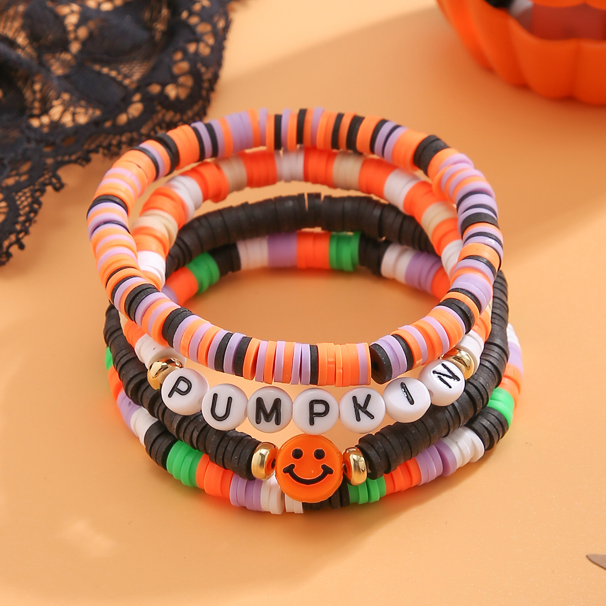 Bracelet de citrouille en perles d'Halloween, ensemble de bijoux de vacances en poterie souple, bracelet en dopamine élastique_voghion.com