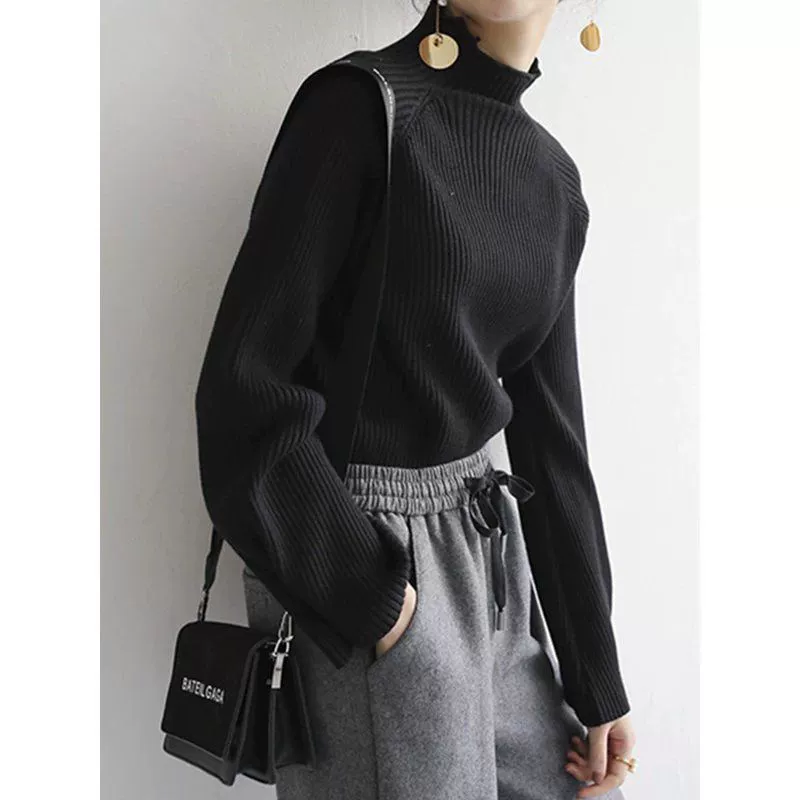 Spring fitted keep warm knitted sweater, loose fit, high collar