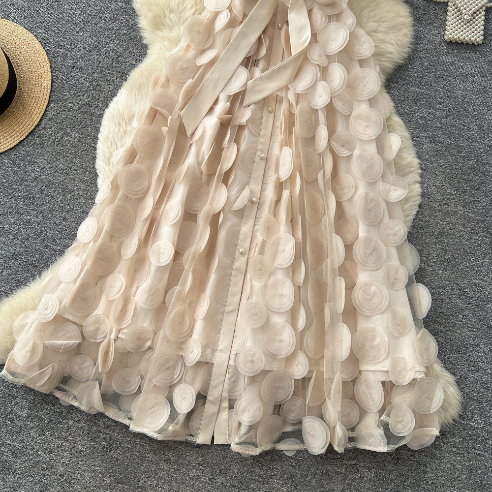 Elegant French Style Lace Dress for Women Summer Short Sleeve A-Line Skirt Tie Waist Sophisticated Lapel_ecoleips.com