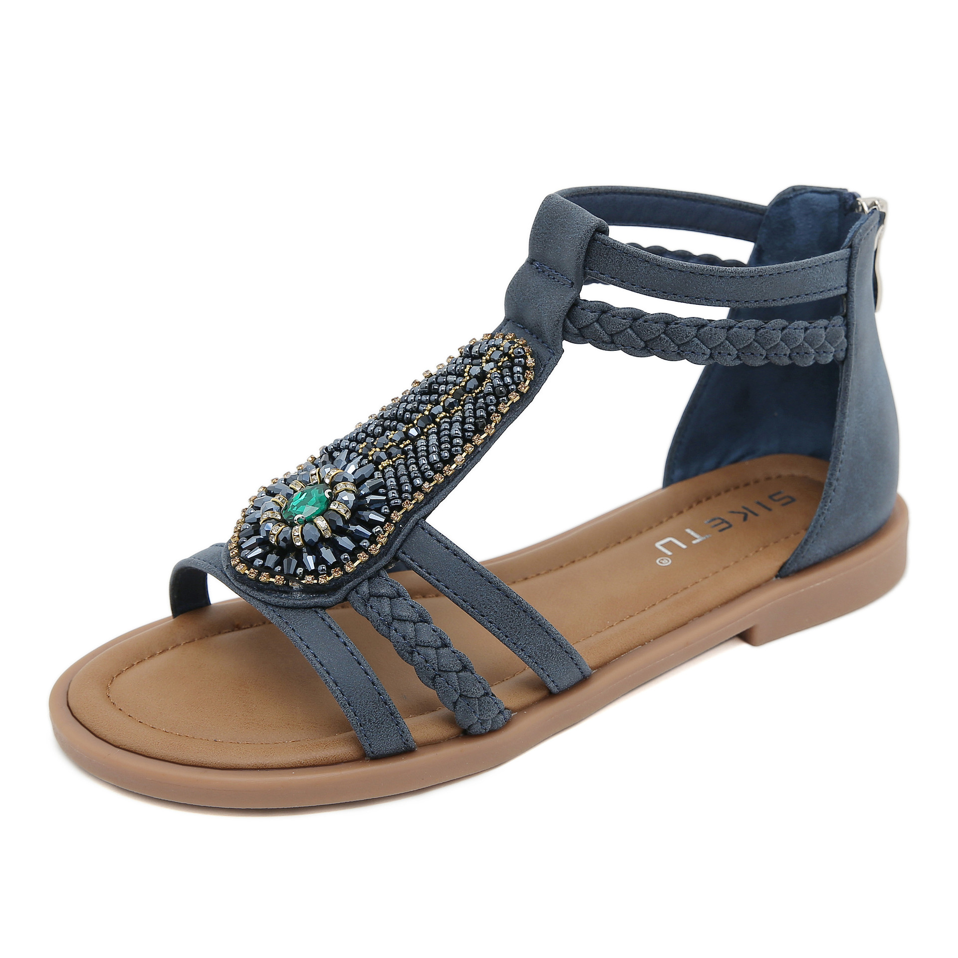 K9001 - 4 nuevas sandalias de verano de 2025 mujeres bohemia retro con cuentas zipper diamantes romanas sandalias de fondo plano