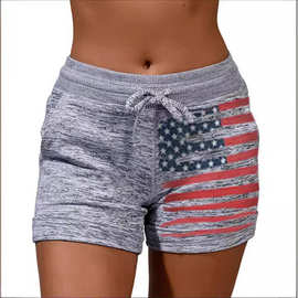 夏季跨境电商专供欧美亚马逊女士短裤美国国旗印花口袋运动短裤