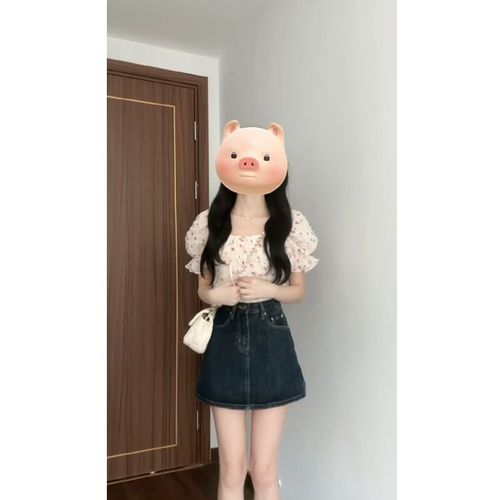 Women's 2024 Summer New Arrival Korean Style Youthful Floral Square Collar Short-Sleeve Shirt Top High-Waisted Denim Skirt Set