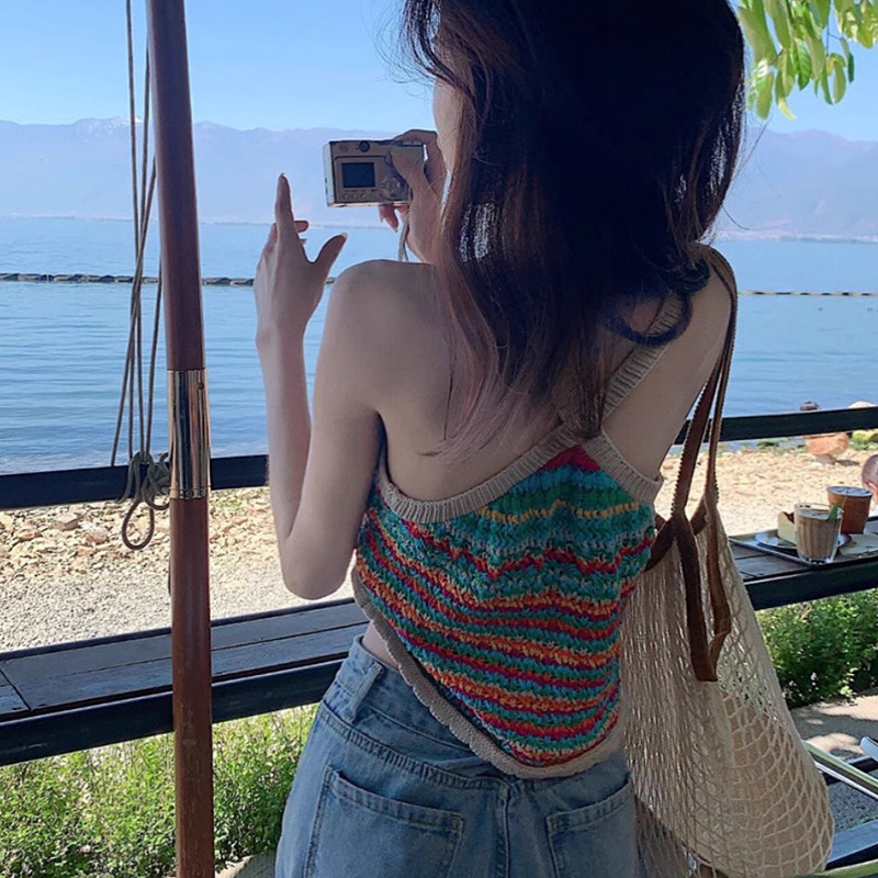Thai Style Woven Camisole Women's Summer Rainbow Stripe Vacation Style Hollow Short Sleeveless Top