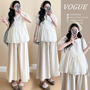 Real Video in stock 2024 Summer Korean Style Lazy Style Loose Doll Shirt Wide Leg Pants Pregnant Women Two-Piece Set