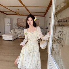 甘い初恋系の優しい風がお腹を遮って痩せている刺繍のサスペンダーのスカートの女性の夏の小さい背は胸をつぶして花のワンピースをつぶします。