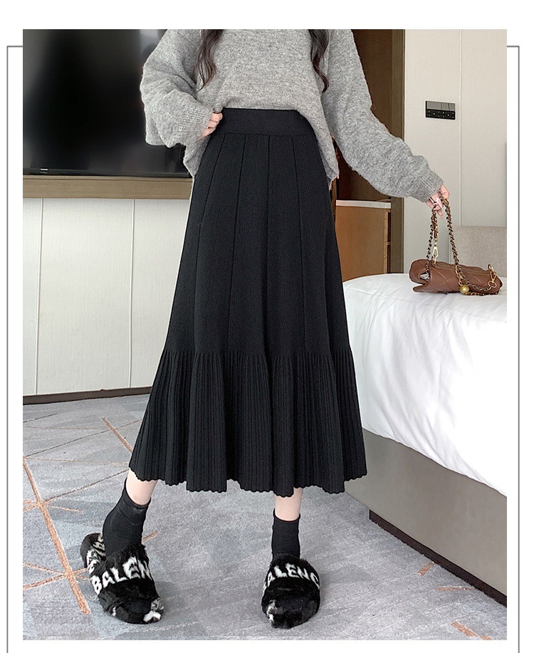 Pleated Knitted Skirt Women'S Autumn And Winter New Fashion High Waist Korean Version Casual And Thin Big Swing Skirt A-Shaped Skirt Umbrella Skirt 34 Undefined