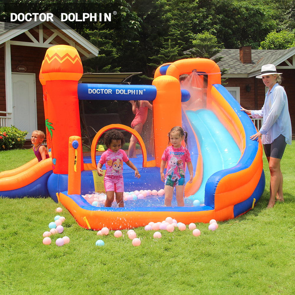 Castillo inflable para niños Doctor Dolphin para uso doméstico, área de juegos para fiestas pequeñas y medianas, trampolín inflable interior antideslizante y tobogán combinados.