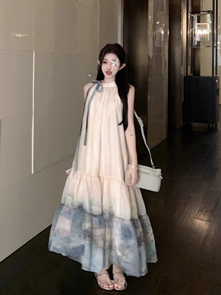 여성을 위한 새로운 중국 스타일의 아름다운 홀터넥 드레스, 여름 고급 분위기, 바닷가 휴가, 해변 롱 드레스, 우아함
