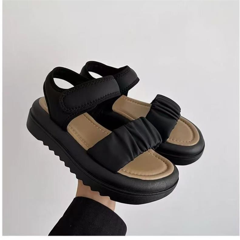 Sandalias de cuero suave de fondo grueso para mujeres de verano 2026 nuevo velcro con falda anti-derrapante zapatos romanos