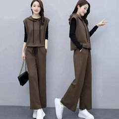 时尚休闲套装女2025秋季新款气质显瘦连帽马甲阔腿裤三件套潮