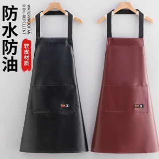 PU软皮革防水防油围裙厨房饭店餐饮专用印制logo工作挂脖围腰男女
