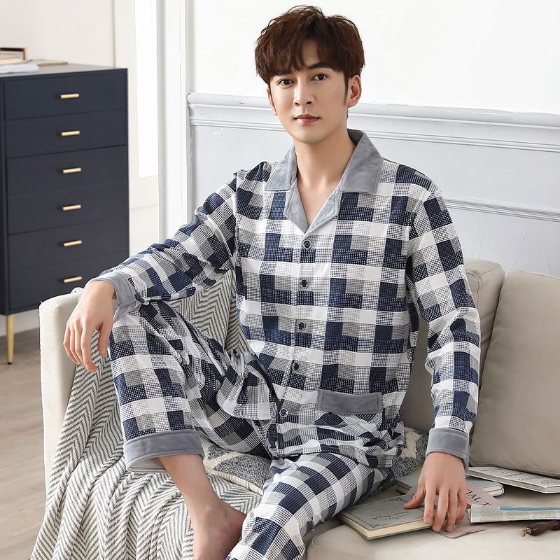 Pijama de algodón 100% de los hombres de manga larga de primavera y otoño más tamaño de otoño e invierno más el tamaño de los hombres gordos homewear traje