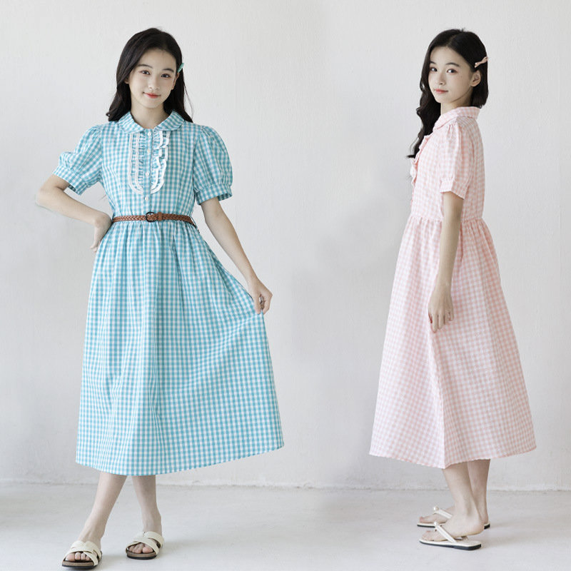 Girls' Dress 2006 Summer Korean Style Sweet and Fresh Plaid Dress Princess Dress for Middle School Students Long Dress