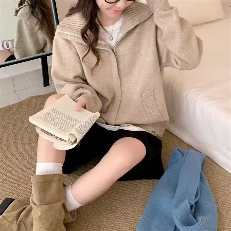 跨境专供简约纯色立领双拉链针织开衫秋冬新款欧码宽松厚实毛衣女|undefined