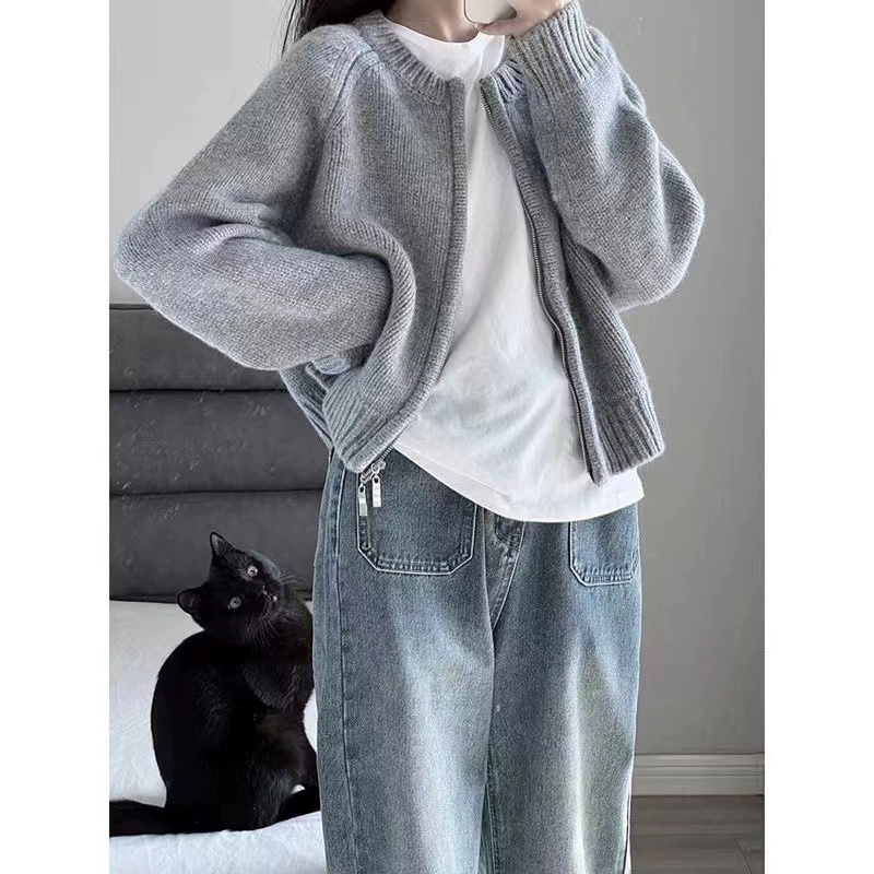 Короткий осенний свитер, жакет, кардиган на молнии, knitted с длинным рукавом, oversize, увеличенная толщина