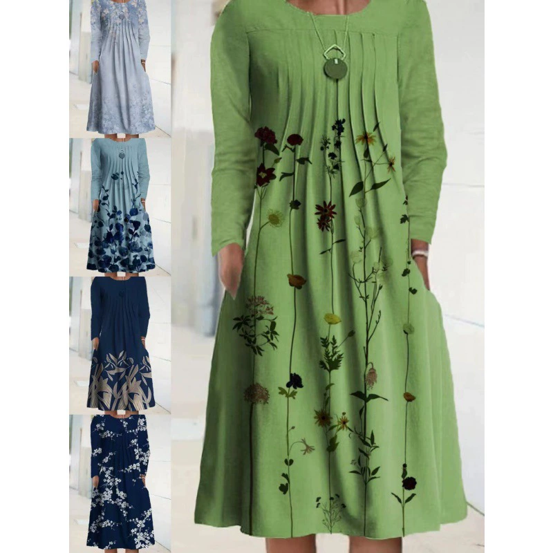 9423 новых европейских и американских женщин Ebay независимых станции Досуг цветок экипажа шеи Плиссированные с длинным рукавом платье