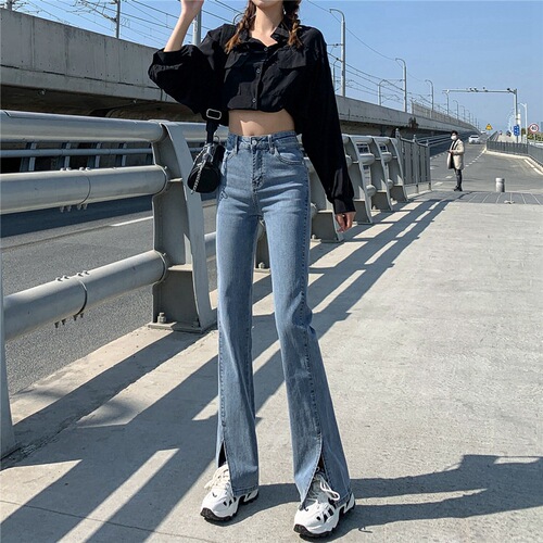 Slit high-waisted stretch jeans for women summer new style slim and slim, versatile, floor-length, micro-flared pants, trendy