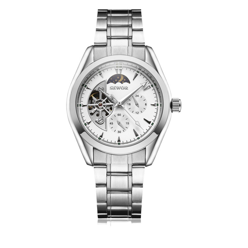 SEWOR reloj mecánico automático para hombre de aprendizaje diario Star Hollow personalidad multifuncional casual correa de acero reloj