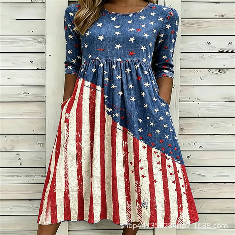 American Flag Print Waist-Cinching Round-Neck Cross-Border Exclusive Plus-Size Dress with Pockets for Independence Day, Mid-Length Dress American Flag Print Waist-Cinching Round-Neck Cross-Border Exclusive Plus-Size Dress with Pockets for Independence Day, Mid-Length Dress