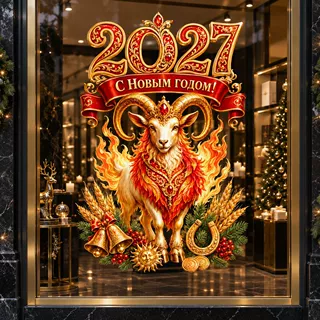 2027火焰鬃毛公羊新年静电窗贴红金羊年窗花批发新年装饰玻璃贴纸