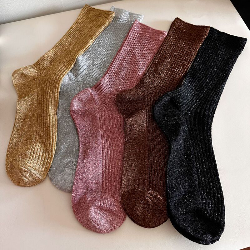 South Korea gold and silver silk tube socks spring and summer thin bright silk calf socks half leg Korean glass silk pit socks women