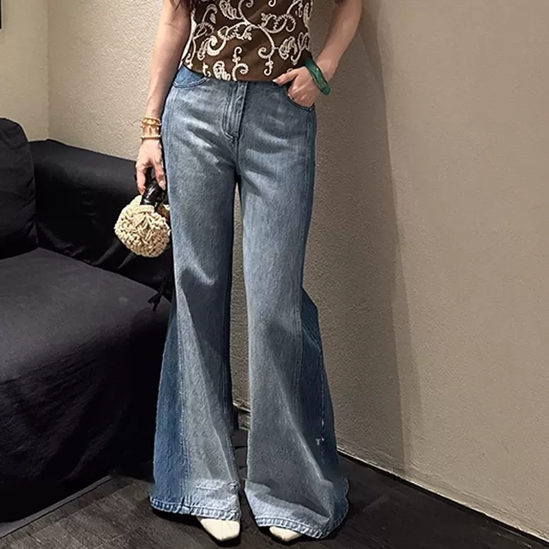 【随悟】双色撞色喇叭全棉牛仔裤直筒设计感高街水洗牛仔裤女