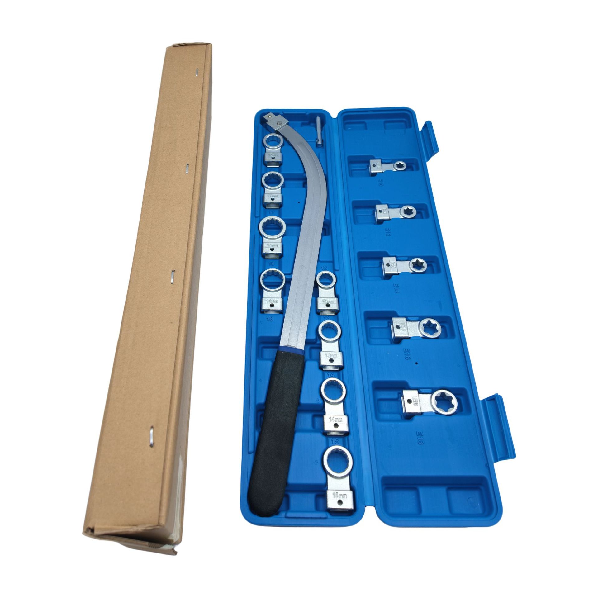 15-piece automotive engine belt tool set, including adjustable wrenches, belt pulley removal and installation tools, and tensioner tools, specifically designed for automotive repair