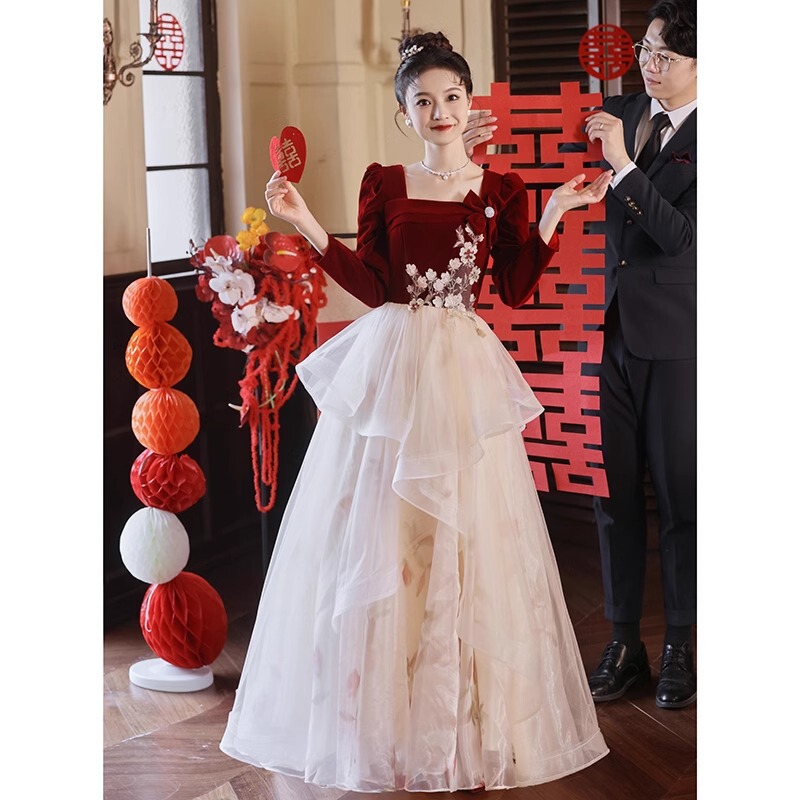 Bridal Toast Dress 2026 New Red Wedding Engagement Evening Gown Dress with a High-End Feel, Spring Long-Sleeved Homecoming Casual Wear