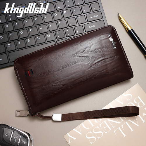 Cross-border retro waxed leather men's long zipper handbag large capacity multi-card slot phone bag for men money clip portable