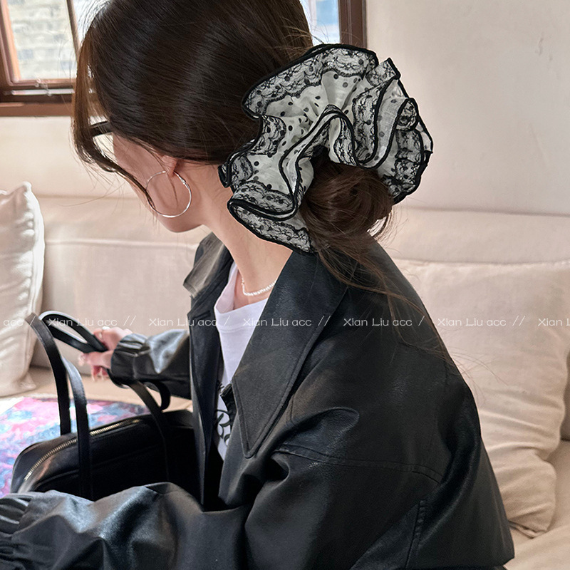 女性用フレンチレトロ大腸ヘアゴム、高級サテン韓国風万能ヘアロープ、森風ヘアロープ、ヘアアクセサリー、Lサイズヘッドギア|undefined