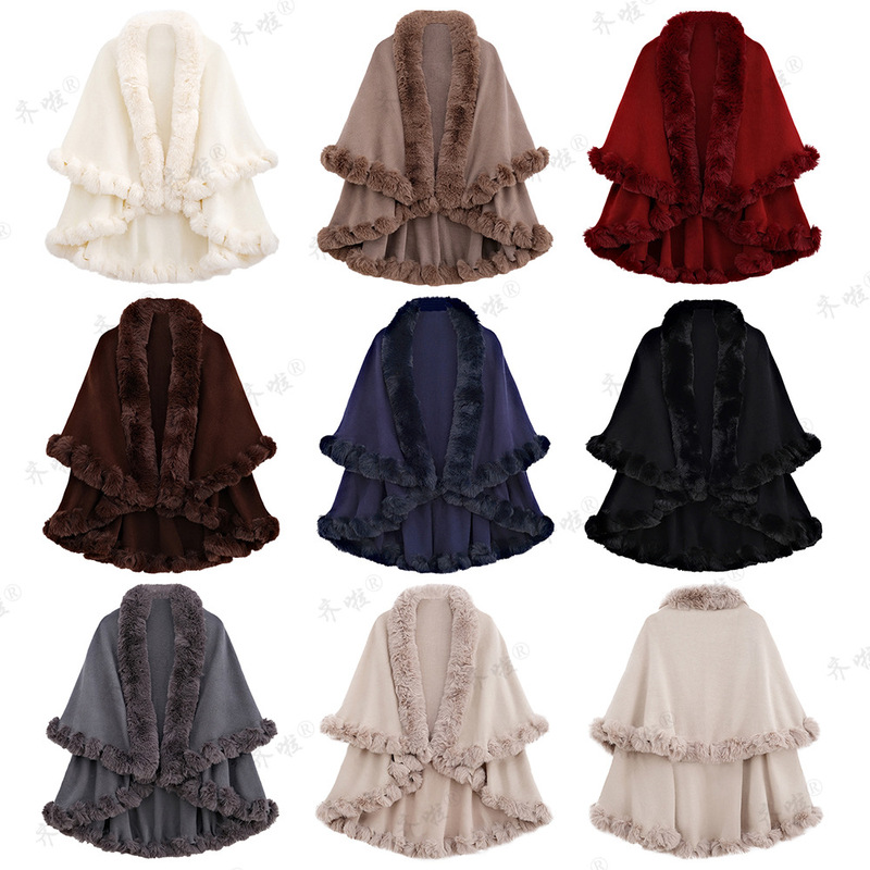 Live foreign trade supply autumn and winter rex rabbit fur collar double-layer cashmere cape shawl plus size knitted cardigan coat women
