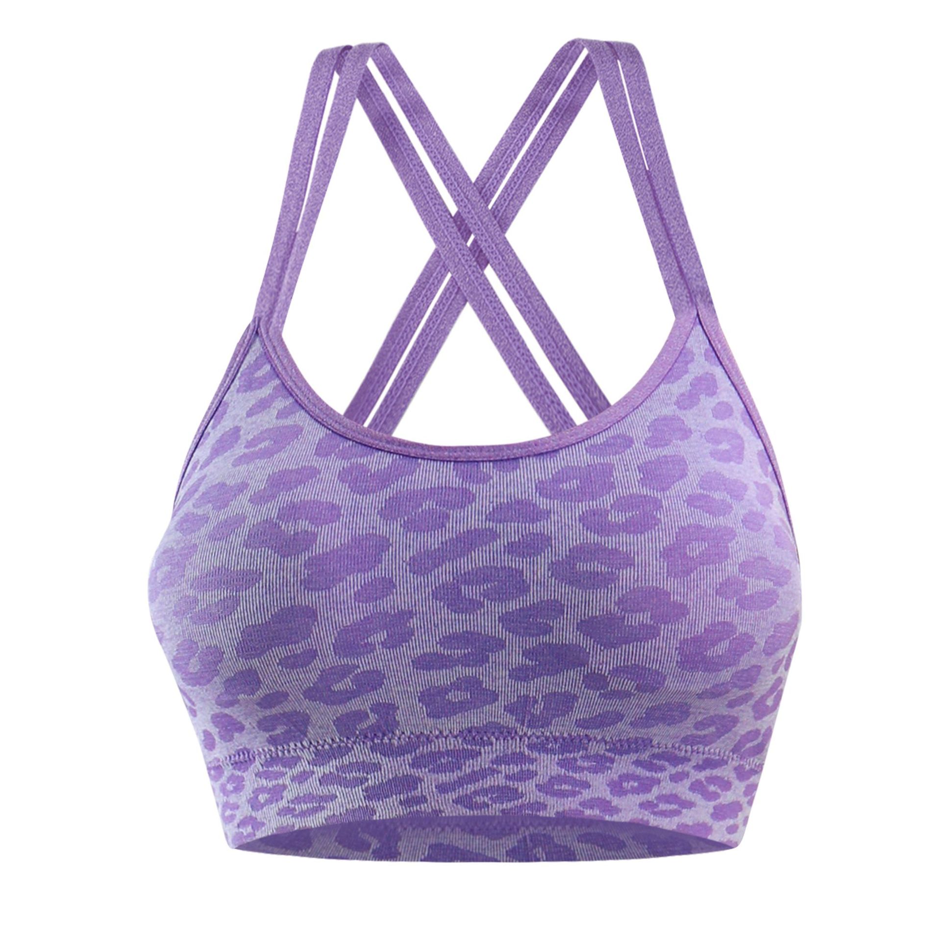 Amazon elástico sin costuras leopardo poliestireno chaleco cruzado sexy bra deportivo correa cojín de pecho ropa interior de fitness