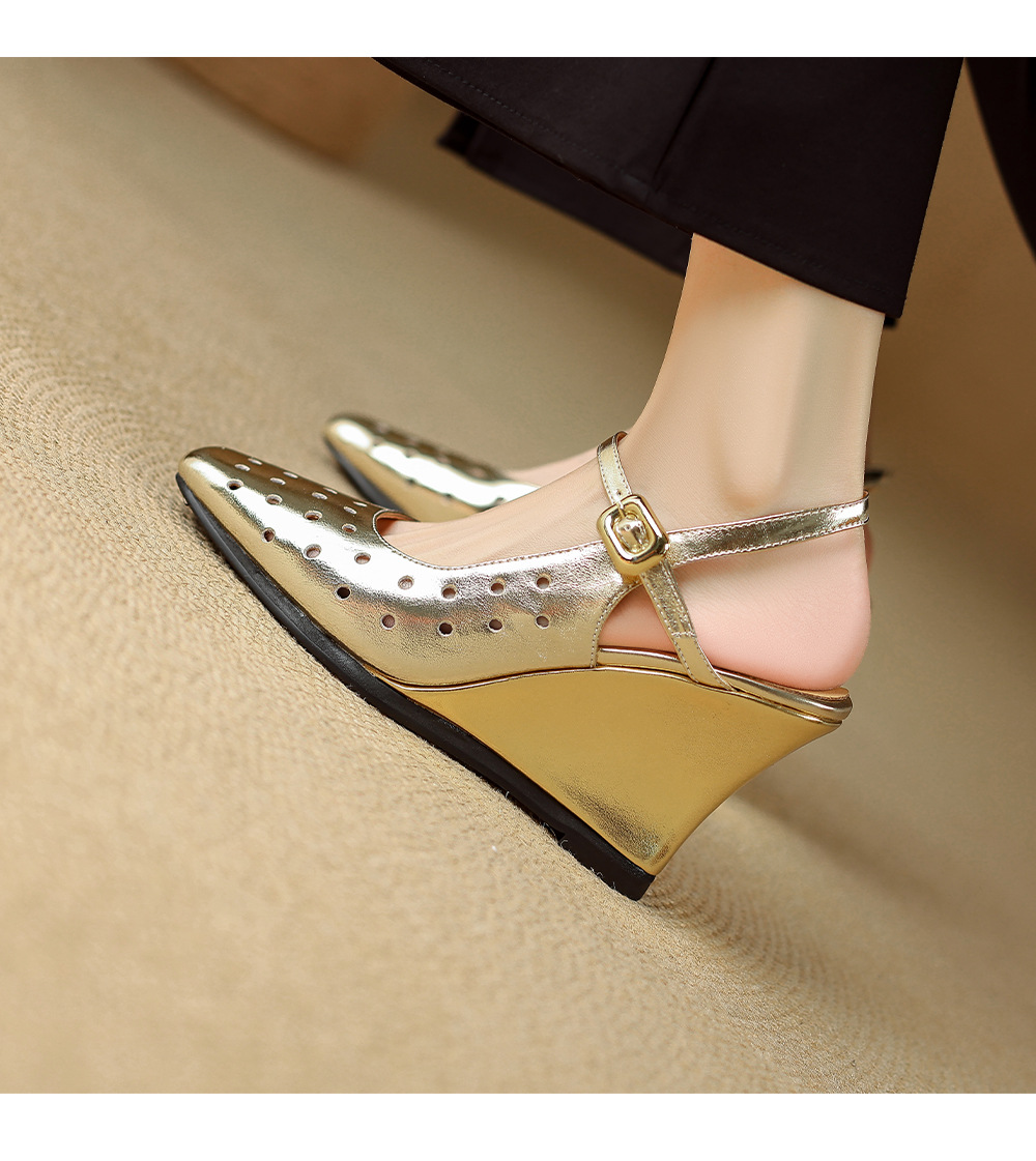 Sandal cao gót nữ mũi vuông quai ngang đế xuồng da thật lỗ thoáng khí — màu vàng, Trắng sữa, bạc chi tiết 10