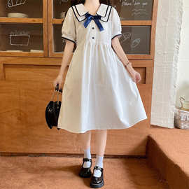女童学院风裙子夏季中大童女孩洋气短袖薄款娃娃领儿童时尚连衣裙