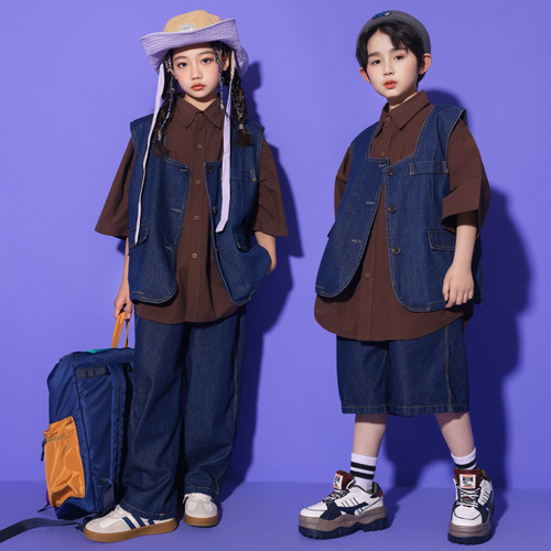 Girls' jazz dance clothing handsome jeans street dance performance suit set children's hip hop hiphop show stage fashion 