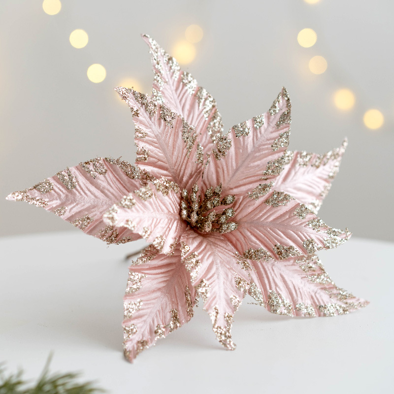 Adornos navideños de tela, flores doradas y plateadas para decoración de árbol