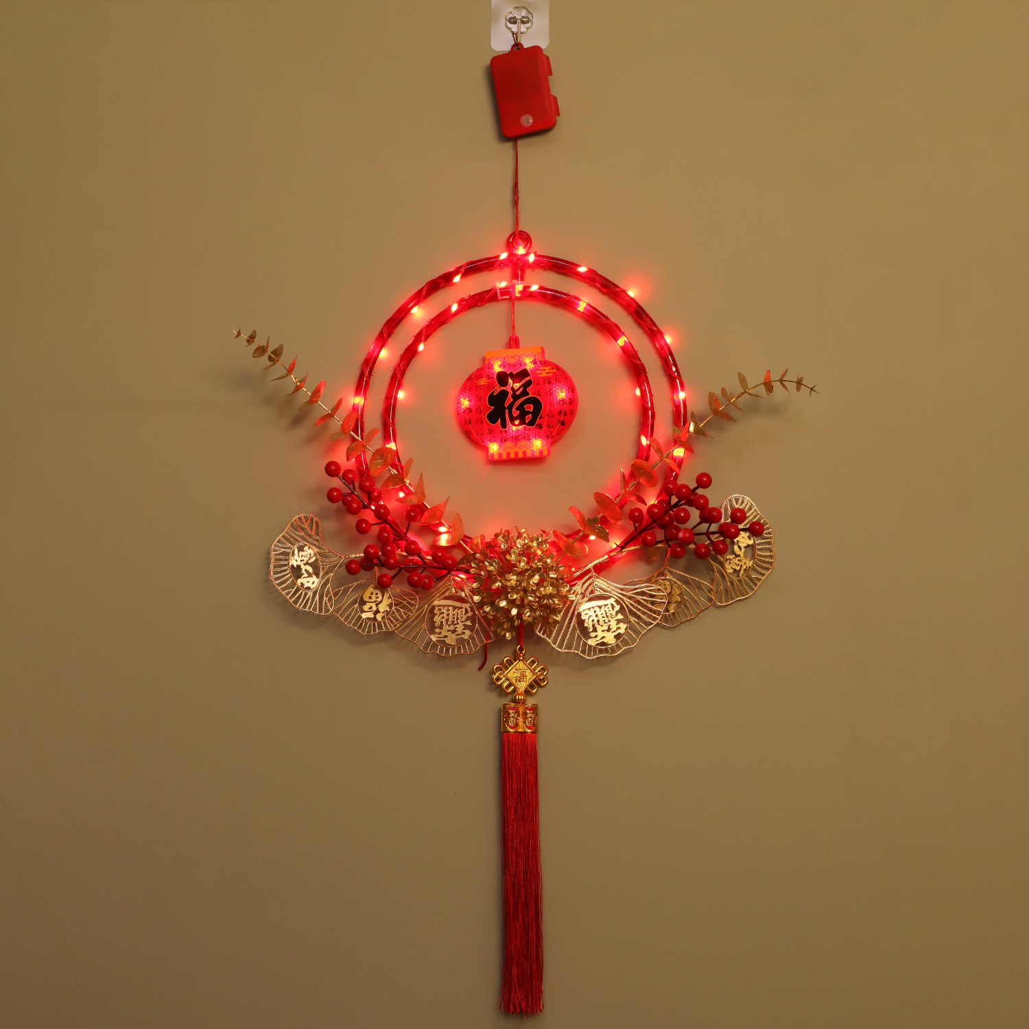 Festival de Primavera fruta roja LED luminoso anillo doble anillo colgante luz bendición a mi hogar Festival festivo luz decorativa interior