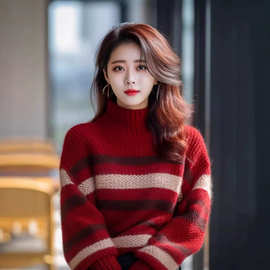 安可拉红色条纹高领毛衣女2026新款早秋小个子穿搭初秋韩系氛围感