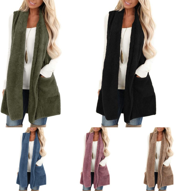 Amazon Spring European and American loose fashion solid color pocket sleeveless plush cardigan vest long coat cardigan for women Amazon Spring European and American loose fashion solid color pocket sleeveless plush cardigan vest long coat cardigan for women