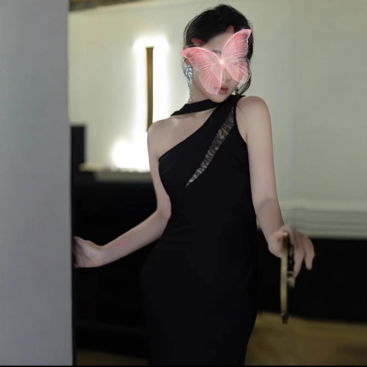 Tz3874 Light Luxury Sexy Style Lace Ribbon Banquet Dress Women's Cut Out Asymmetric Oblique Shoulder Fishtail Long Skirt