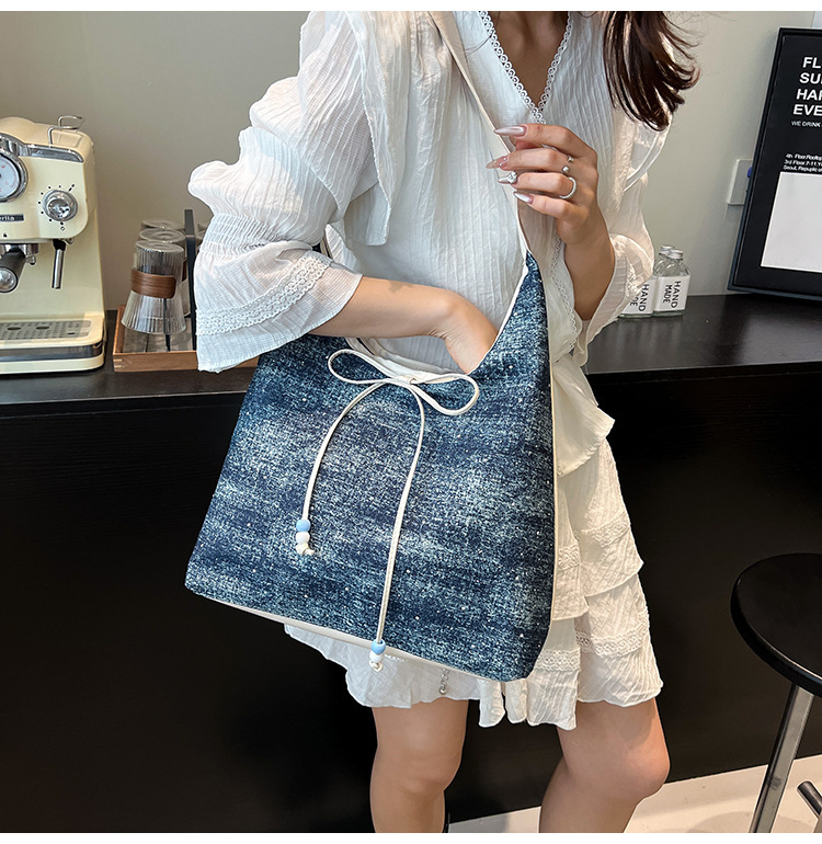 615g Weight String Closure Type Single Shoulder Strap Strap Type Shoulder Bag Bags Type Casual, Holiday Occasion Denim Material Sequins Pattern All Seasons Season Women's Gender Elegant, Streetwear Style Dumpling Shape Shape Women's Denim Sequins Elegant Streetwear Dumpling Shape String Shoulder Bag 5