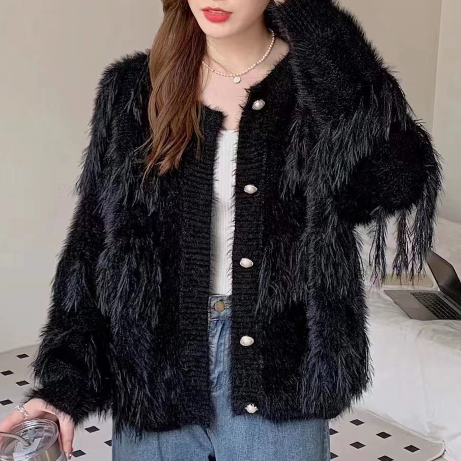 Otoño e Invierno nuevo estilo suave abrigo Faux visón terciopelo prendas de vestir exteriores suéter moda borla punto cardigan abrigo para mujeres