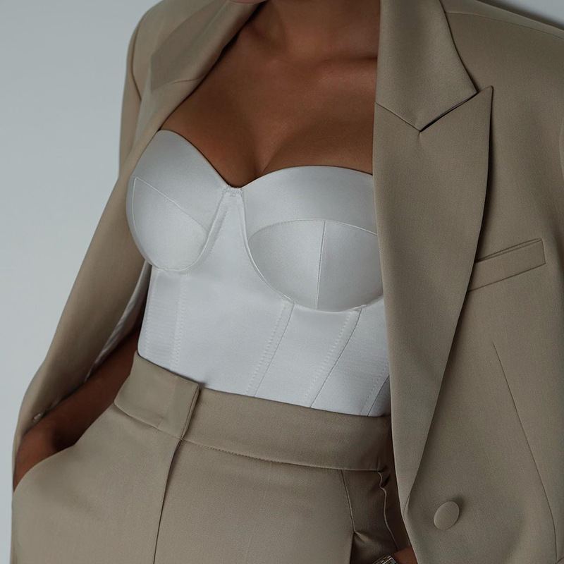 2023 New Strapless Fishbone Chest Cup Waist Sexy Vest European and American Street Spice Girl Slim-fit Solid Color All-match Top