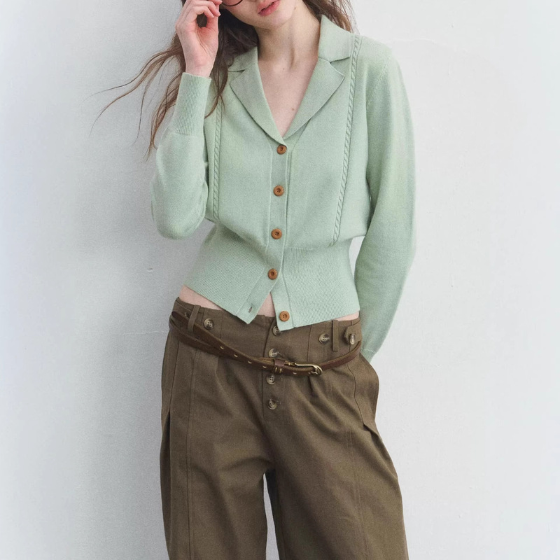Cable Knit Cardigan with Suit Collar and Waist-Cinching Design for Women, 2026 Spring/Summer New Style, Light Green V-Neck Cable Knit Top Cable Knit Cardigan with Suit Collar and Waist-Cinching Design for Women, 2026 Spring/Summer New Style, Light Green V-Neck Cable Knit Top