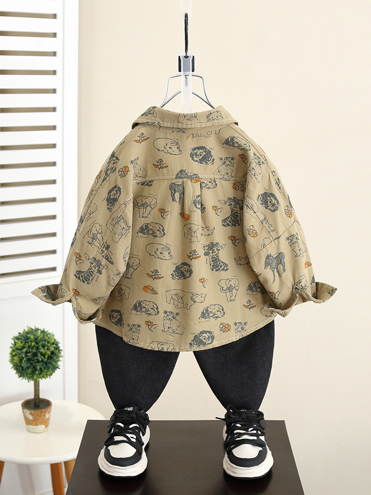 5837 Camisa de dibujos animados para niños Primavera y otoño para niños Camisa coreana de manga larga de estilo occidental 2025 nueva chaqueta para niños