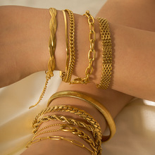 欧美ins风新款钛钢手链18K金色双层古巴链扁蛇链不锈钢饰品手链女