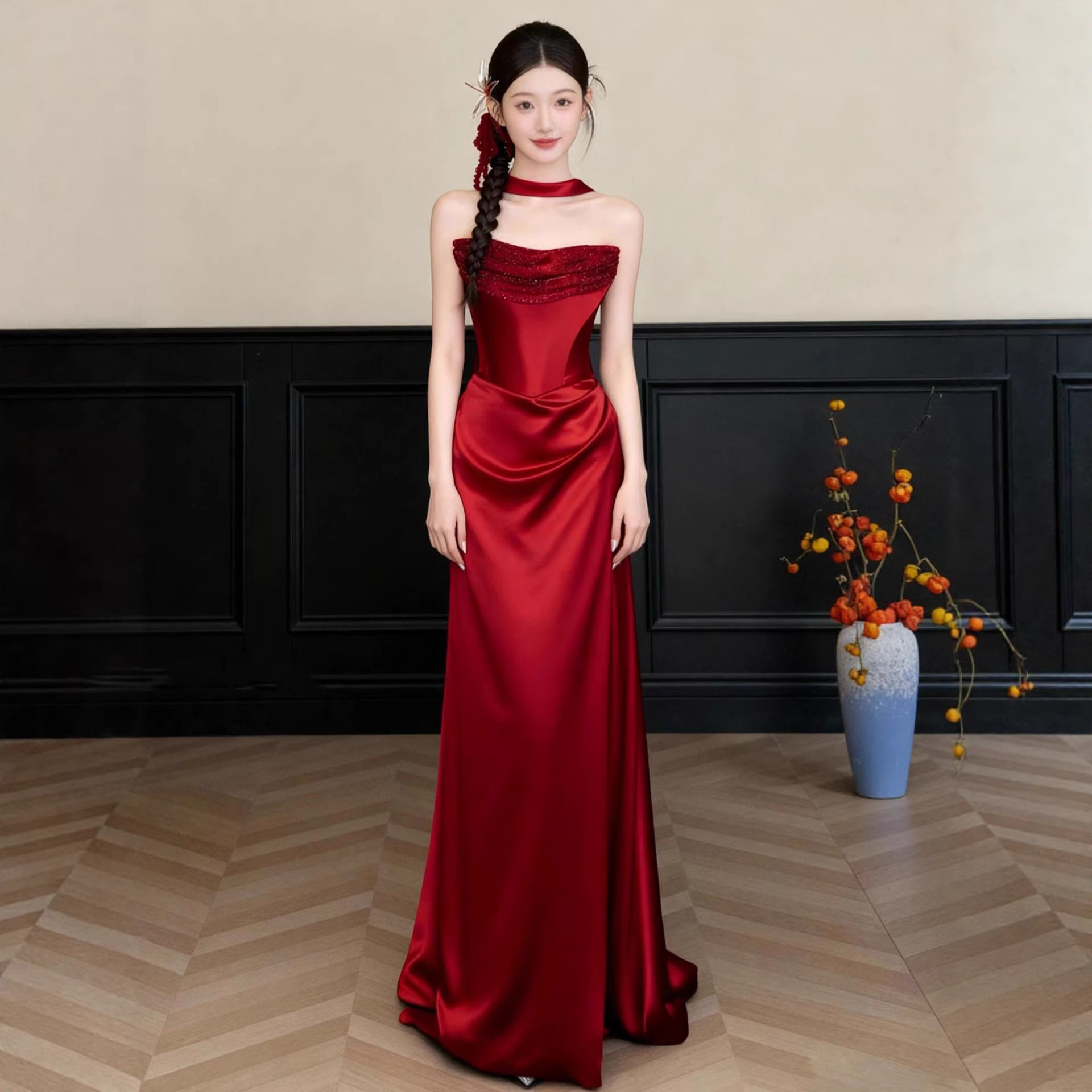 Red evening dress for bride