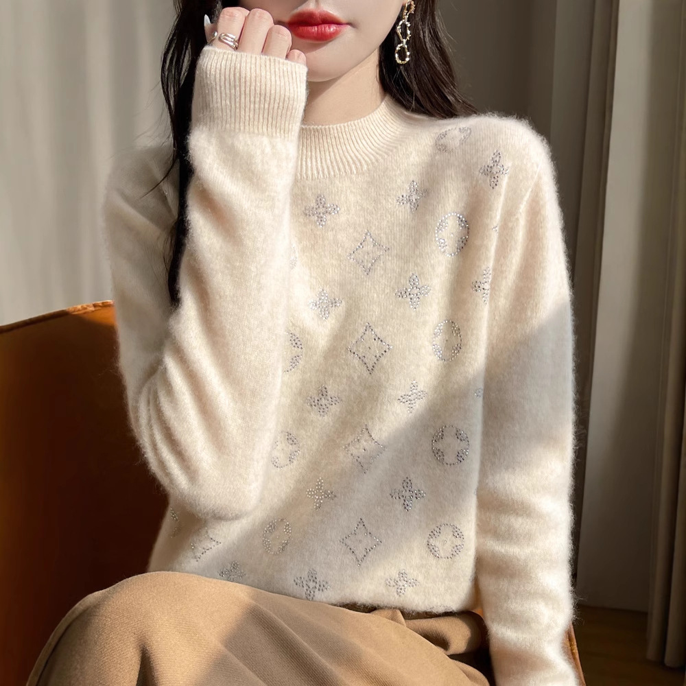 100%羊毛针织衫女装半高领字母烫钻羊绒套头打底衫2025秋冬新款