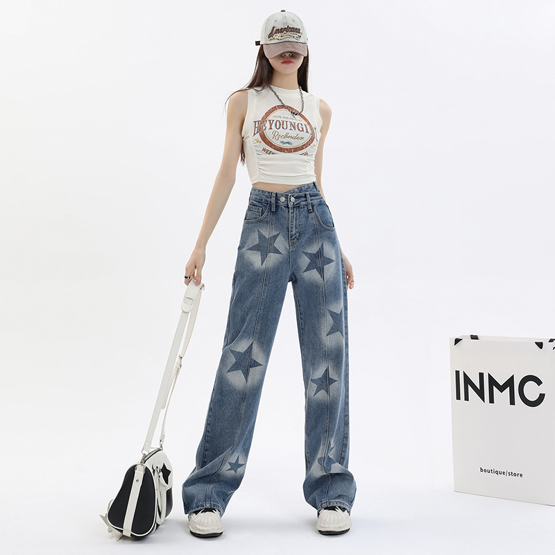 Streetwear Stil Blaue Sterne Gerade Vintage Hohe Taille Jeans Hose Für Frauen Breites Bein Baggy Y2K Volle Länge Denim Hose_voghion.com